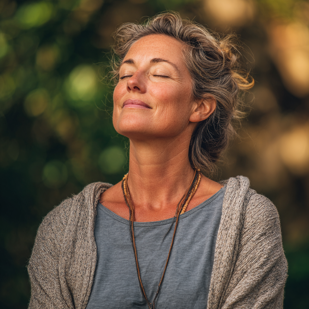 Middle-aged woman practicing gentle wellness routines in natural setting