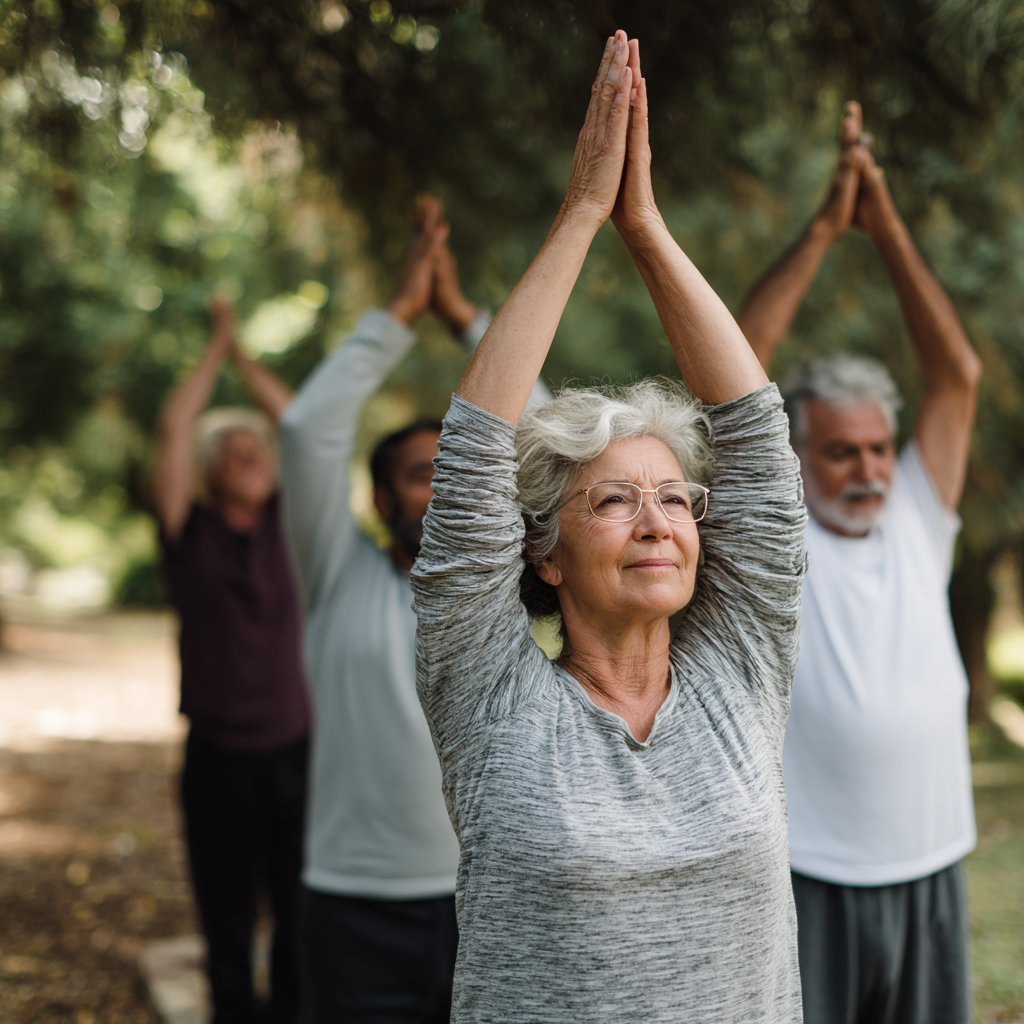 Older adults doing gentle stretching exercises in peaceful outdoor setting